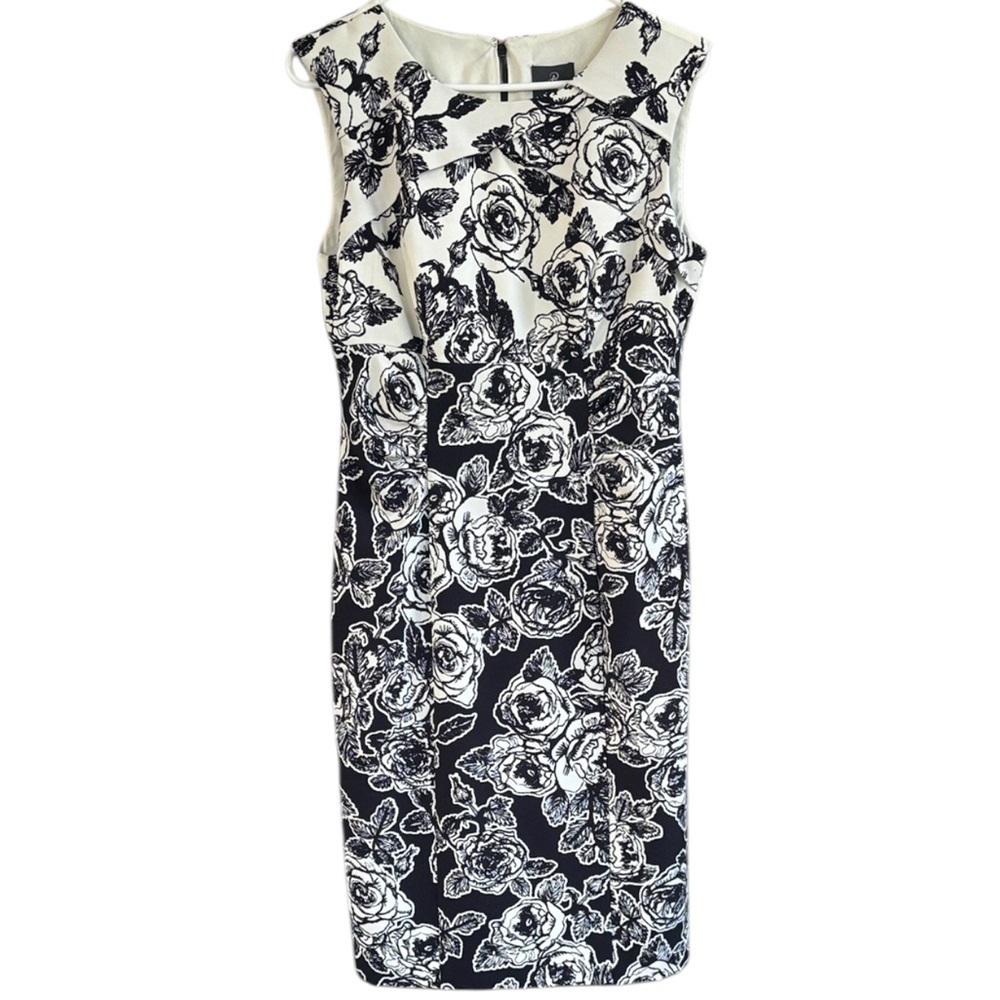 Like New Adrianna Papell Black Ivory Floral Colorblock Sheath Dress Size 10